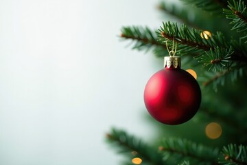 A single elegant red ornament on a bare branch, Christmas tree, evergreen, twinkle lights