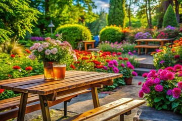 Lush greenery and vibrant flowers surround a wooden bench and picnic table in a cozy beer garden setting, nature,