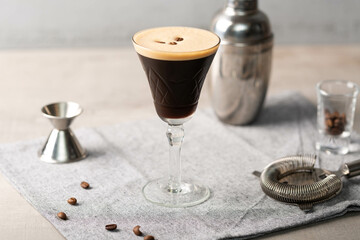 Espresso Martini cocktail booze vodka, coffee liqueur, syrup and espresso coffee 