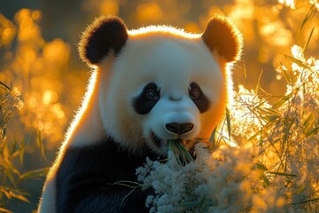 Golden hour panda enjoys bamboo snack
