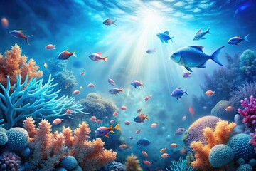 Soft focus blue gradient wallpaper with scattered fish and coral, aquatic environments, calming gradients, peaceful waterscapes