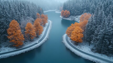 winter landscape, road next to a river surrounded by forest with a car driving along it