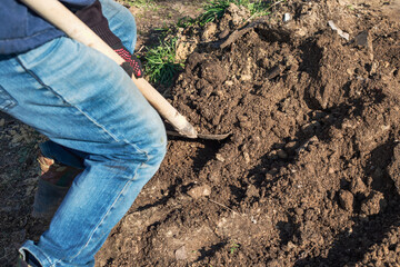 A worker levels the ground with a shovel to lay the foundations of garden buildings. Construction...