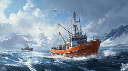 Fishing Boat Navigating the Arctic Sea