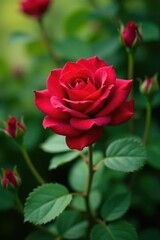 Crimson rose in full bloom amidst lush greenery, flora, stems, verdant background