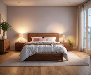 Softly lit bedroom with a plush bed and wooden floor, comfortable, ambiance