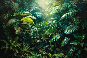Fototapeta premium Dense greenery fills the scene with various types of leaves, ferns, and tropical plants. Sunlight streams through the foliage, creating a serene and vibrant atmosphere in the forest