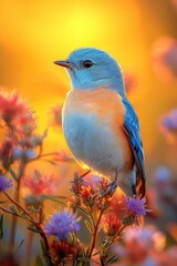 Vivid blue bird perched wildflowers sunset glow
