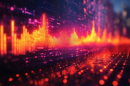 Vibrant digital soundwave visualization with glowing patterns at night in an urban setting - Powered by Adobe