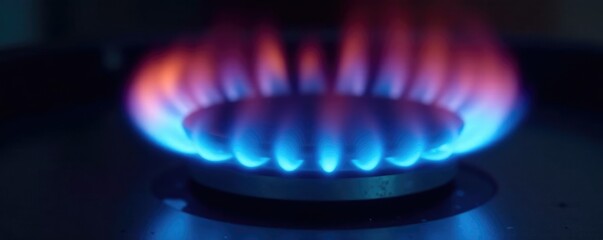 Flickering blue flame gas stove burner background, burning, energetic