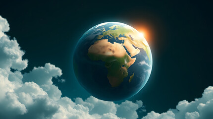 Earthrise, sunrise over the planet Earth viewed from space, surrounded by fluffy clouds.  