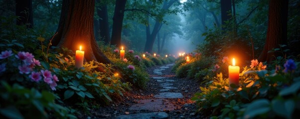 Flickering candles illuminate a mystical garden path, whispering, candles, forest