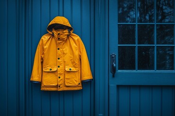 A vibrant yellow raincoat hanging on a blue wall, perfect for rainy days. Its bright color contrasts beautifully with the gloomy weather outside.