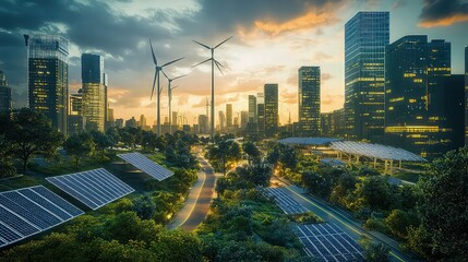 A futuristic city powered entirely by green technology, with solar panels on every building, wind turbines along the skyline, and a network of clean energy grids lighting up the streets