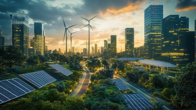 A futuristic city powered entirely by green technology, with solar panels on every building, wind turbines along the skyline, and a network of clean energy grids lighting up the streets