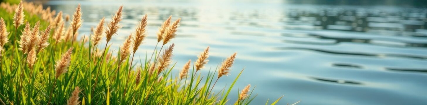 Softly swaying pampas grass panicles on lake shore, peaceful, grasses, nature