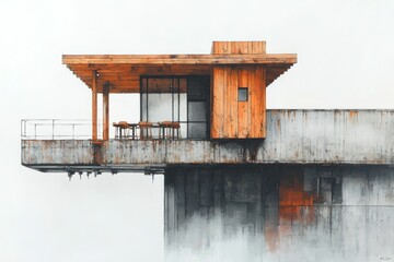 Wooden rooftop refuge above weathered concrete.