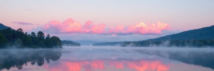 Fluffy pink clouds float above a tranquil lake on a misty morning, peaceful landscapes, fluffy clouds