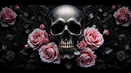 ethereal and surreal abstract digital art of elegant skull with pink roses for a harmonious blend of dark and light elements
