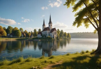 Sonnenschein auf dem Starnberger See mit Blick auf die Feldafinger Kirche, alpinesunlight, finger church germany
