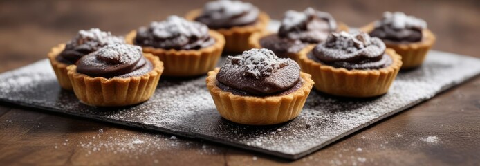 Miniature pastry tarts filled with rich chocolate and topped with powdered sugar, pastries, sweet treats