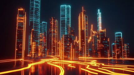 Obraz premium Abstract city lights form neon pathways around glowing skyscrapers at night.