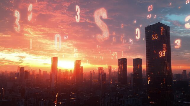 Digital numbers float above city buildings during a vibrant sunset. - Powered by Adobe