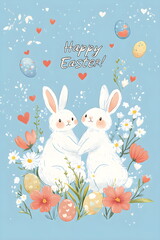 Adorable Bunnies Surrounded by Flowers and Easter Eggs on a Beautiful Blue Background in a Festive Spring Atmosphere