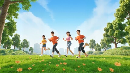 Obraz premium Four people running on grass in an animated scene.