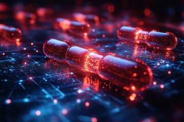 Digital representation of glowing capsules on a circuit board illuminated with red light at night