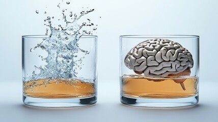 The Mind's Glass: A stark visual metaphor comparing a clear mind with one submerged in liquid, highlighting the impact of substance abuse on cognitive function.