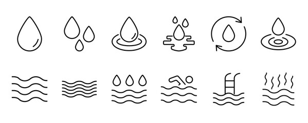 Fototapeta premium Water drops icon set. Editable vector pack of water line icons. A drop of water. Glass, magnifier, washing hands, shower. Vector illustration.