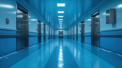 Obraz premium Modern Hospital Corridor with Bright Blue Walls and Reflective Floor