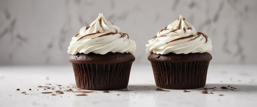 Moist chocolate cupcake with swirled white frosting on a plain white surface, dessert, food, white frosting