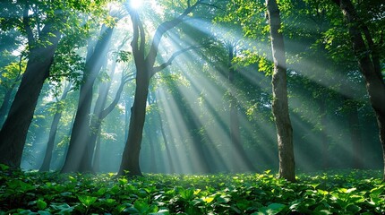 beautiful rays of sunlight streaming through a lush green forest