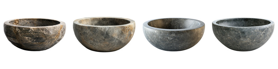 Bowl of stone isolated on transparent background, PNG, set of