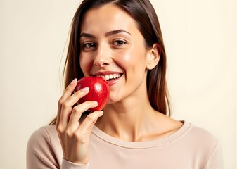 Close up portrait of a lovely pretty girl biting an apple isolated over white background