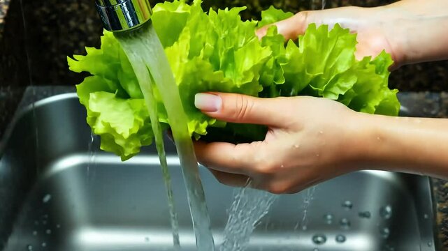 Hands washing fresh lettuce under tap water in kitchen sink, healthy food preparation