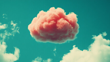 A single pink cloud floats in the center of a sunset sky with a blurry background minimalistic and bright tone modern and serene with empty blank caption space on the side

