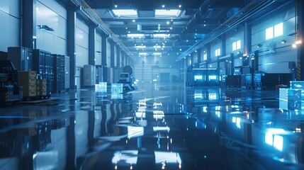 Illuminated modern blue tinted warehouse interior with rows of metal shelving units pallets and industrial equipment reflecting on the glossy floor