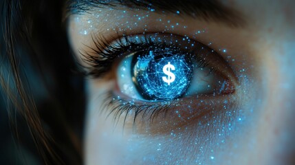 Eye reflects glowing digital dollar sign network