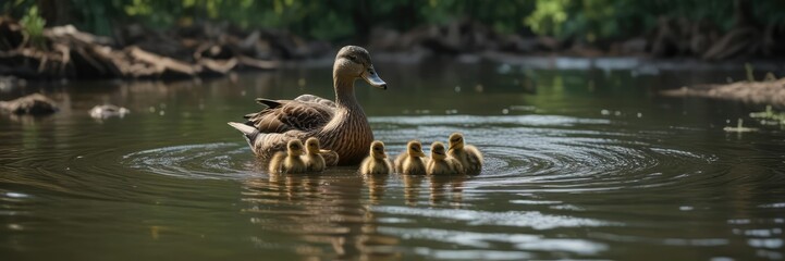 Mother duck protecting her ducklings as they explore the waters of a meandering river, river, meandering, explore, nature