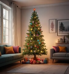 Pine Christmas tree in a living room with colorful lights and decorations , cozy, lights, holiday