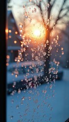 Frosty morning light reflects on window glass, ice crystal, winter morning