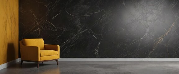 Mustard yellow armchair placed in front of the dark marble wall, seating, armchair, yellow