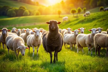 Obraz premium Lone Black Sheep Grazing in Green Pasture, Rule of Thirds Composition