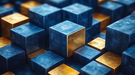 abstract geometric background with gold and blue cubes