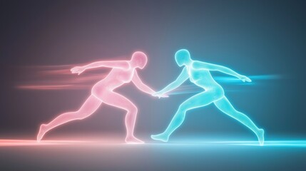 Fototapeta premium Dynamic movement of abstract human figures in dual color lights, representing competition and collaboration in a modern digital environment