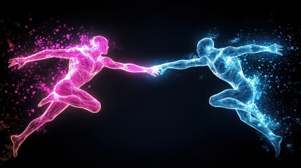 Dynamic burst of energy two ethereal figures engaging in a cosmic connection, radiating vibrant pink and blue light against a dark background