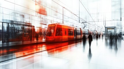 Abstract urban scene depicting a vibrant tram station with blurred figures and dynamic lighting